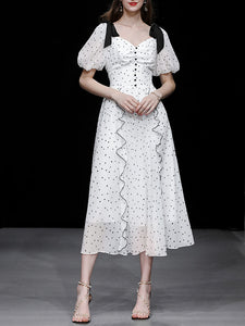 White Sweet Heart Print Square Neck Bow Chiffon 1950S Dress