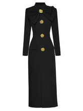 Load image into Gallery viewer, Green Bow Collar Long Sleeve 1940S Bodycon Vintage Dress With Golden Button