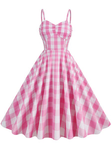 Pink And White Barbie Same Style Plaid Strap Classis Style 1950S Vintage Dress
