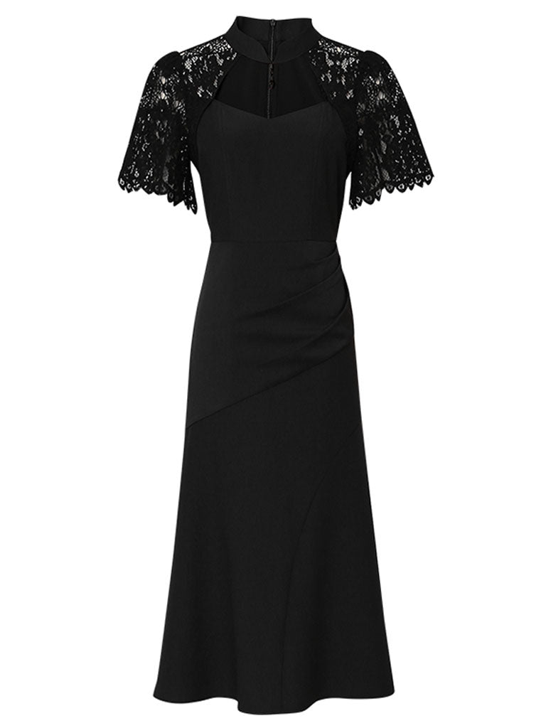 1950S Swing Queen Anne Lace Neckline Little Black Dress Jolly Vintage 1950S Swing Queen Anne Lace Neckline Little Black Dress Jolly Vintage