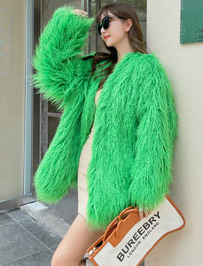 Green Faux Fur Long Sleeve Lambswool Coat Women Winter Coat