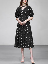 Load image into Gallery viewer, Black V Neck Balloon Sleeve Embroidered 1950S Vintage Dress