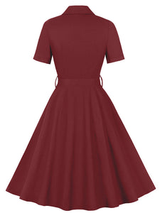 1950S Turndown Collar Solid Color Short Sleeve Vintage Dress