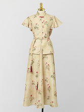 Load image into Gallery viewer, 2PS Brown Floral Print Ruffled Sleeve Shirt With Swing Skirt Set
