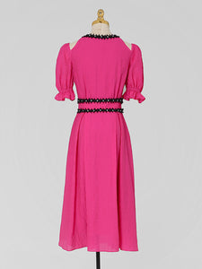 Fuchsia Hand Beaded Special Fabric Texture Off-Shoulder 1950S Swing Dress