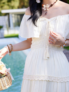 White Bohemian Off The Shoulder Ruffled Tassel High Waist Boho Maxi Dress