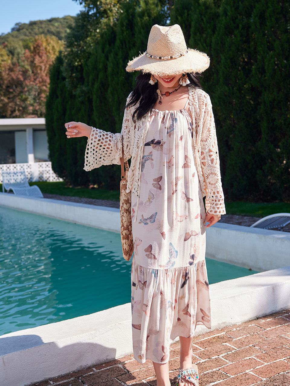 Bohemian Retro Sweet Butterfly Print Beaded Strap Boho Maxi Dress with Hollow Crochet Shawl, White / XS Bohemian Retro Sweet Butterfly Print Beaded Strap Boho Maxi Dress with Hollow Crochet Shawl, White / XS