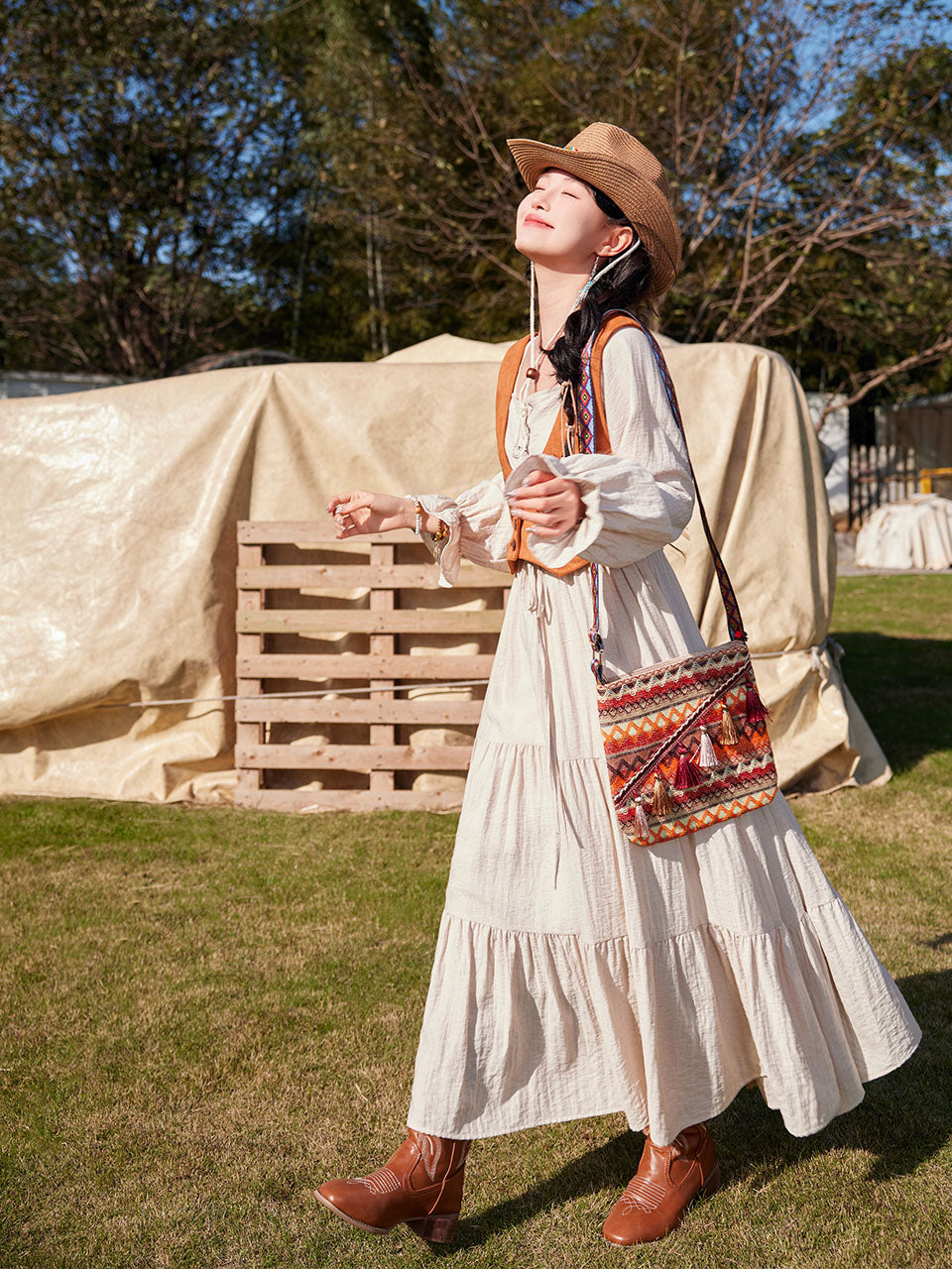 Bohemian White Long-Sleeved Cotton Maxi Dress with Suede Embroidered Vest Boho Suit, White / Xs Bohemian White Long-Sleeved Cotton Maxi Dress with Suede Embroidered Vest Boho Suit, White / Xs