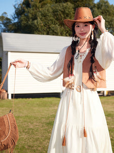 Bohemian White Ruffles Cotton Maxi Dress with Suede Embroidered Vest Boho Suit