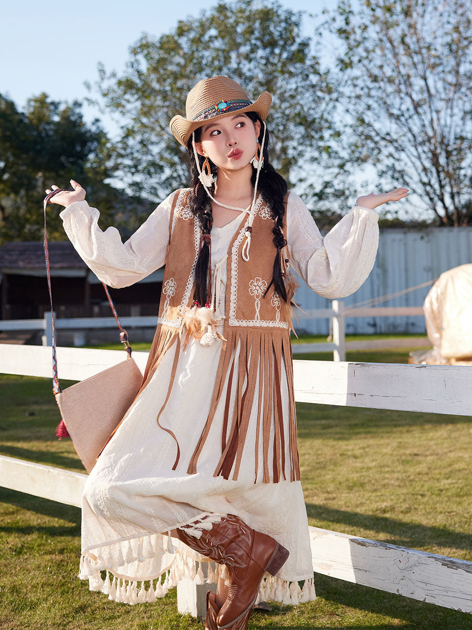 Bohemian White Tassel Cotton Maxi Dress with Suede Embroidered Vest Boho Suit Coachella Dress – Jolly Vintage
