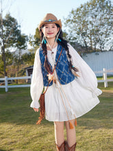 Load image into Gallery viewer, Bohemian White Long-sleeved Ruffles Mini Dress with Blue Suede Embroidered Vest Boho Suit