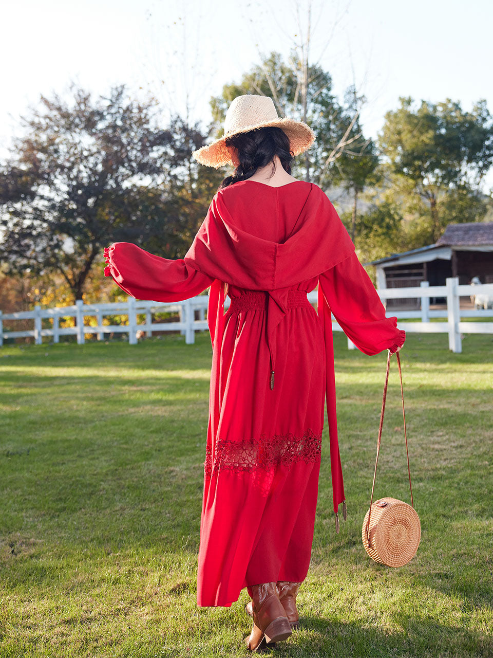 Red Bohemian V Neck Ruffled Lace High Waist Boho Maxi Dress Coachella Dress Red / L Red Bohemian V Neck Ruffled Lace High Waist Boho Maxi Dress Coachella Dress Red / L