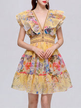 Load image into Gallery viewer, Women’s Boho Yellow Floral Printed Chiffon V-Neck Ruffled Summer Beach Mini Dress