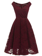 Load image into Gallery viewer, Solid Color Lace Cap Sleeve V Neck 50s Party Swing Dress