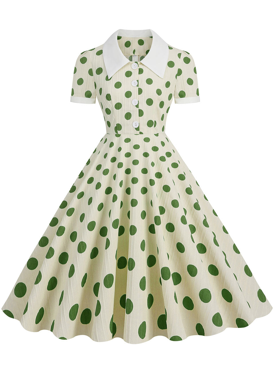 Green Polka Dots Johnny Collar Short Sleeve Swing Vintage 1950S Party Dress, Green / S