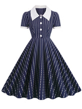 Load image into Gallery viewer, Navy Stripe Johnny Collar Short Sleeve Swing Vintage 1950S Party Dress