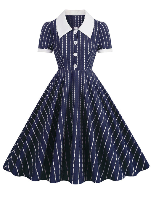 Navy Stripe Johnny Collar Short Sleeve Swing Vintage 1950S Party Dress