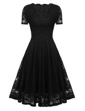 Load image into Gallery viewer, Solid Color Lace Short Sleeve V Neck 50s Party Swing Dress