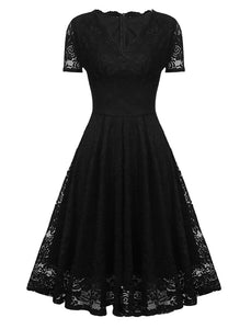 Solid Color Lace Short Sleeve V Neck 50s Party Swing Dress