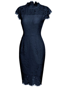 Solid Color Lace High Collar 1960S Bodycon Dress