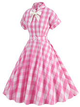 Load image into Gallery viewer, Pink And White Plaid Bow Collar Barbie Same Style 1950S Vintage Dress With Hat Set