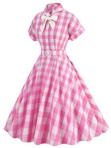 Pink And White Plaid Bow Collar Barbie Same Style 1950S Vintage Dress With Hat Set