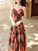 Load image into Gallery viewer, Vintage Bohemian Red Ruffle Hem Floral Plaid Spaghetti Strap Maxi Dress