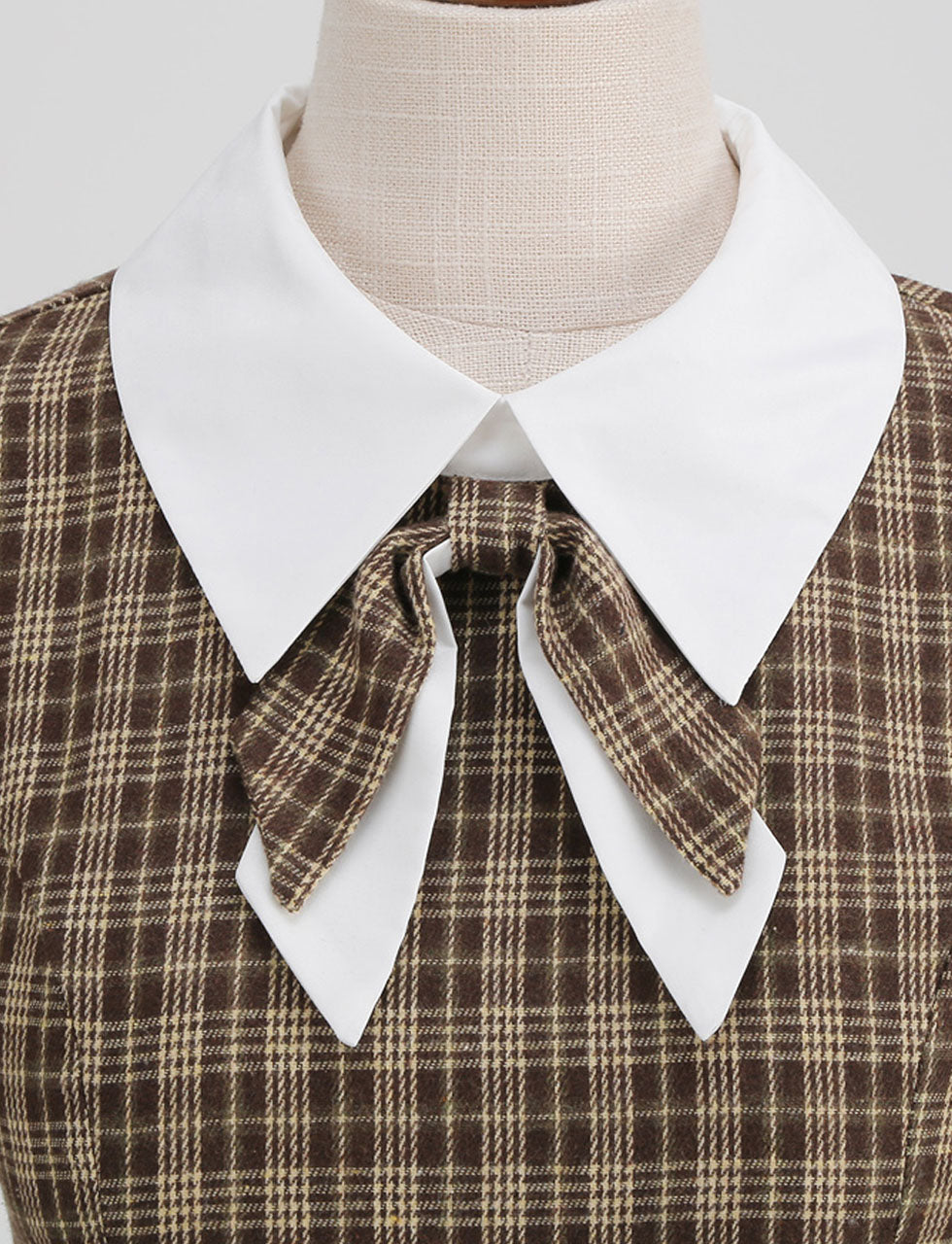 Big BowKnot Brown Plaid 3/4 Sleeve 1950S Vintage Dress Inspired By Mrs Jolly Vintage Big BowKnot Brown Plaid 3/4 Sleeve 1950S Vintage Dress Inspired By Mrs Jolly Vintage