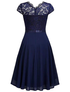 Solid Color Lace Cap Sleeve 50s Party Chiffon Swing Dress