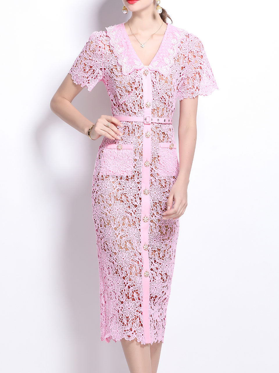White Lace V Neck Short Sleeve Bodycon Dress, Pink / S