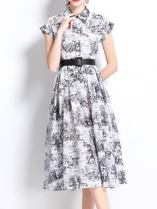1940S Classic Shirt Collar Vintage Print Cap Sleeve Cotton Dress