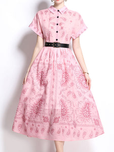 1940S Classic Shirt Collar Vintage Print Cotton Dress with Belt