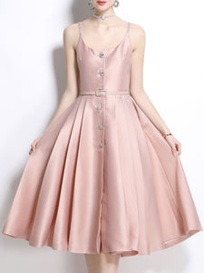 Pink Luxury Diamond Strap Satin Prom Dress With Pockets
