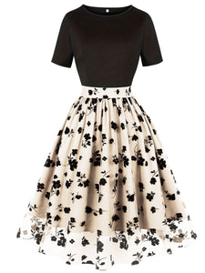 1950S Lace Semi-Sheer Flocking Printing Vintage Dress