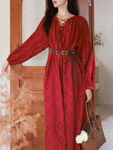 Load image into Gallery viewer, Red Embroidered Hollow Long Sleeve Tassel Holiday Bohemian Dress