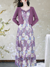 Load image into Gallery viewer, Purple Floral Embroidered Lace Maxi Dress Prom Dress With Cardigan