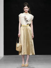 Load image into Gallery viewer, 2PS Silk Printed Sleeveless Top and Gold Metallic Midi Skirt Dress Set