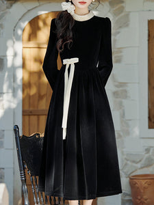 Black Pearl Collar Velvet Vintage Dress With Bow-knot