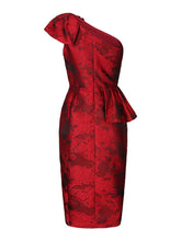 Load image into Gallery viewer, Red Jacquard One Shoulder Ruffle Bodycon Dress