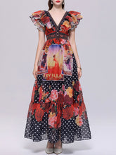 Load image into Gallery viewer, Women’s Dark Boho Floral Printed Chiffon V-Neck Ruffled Summer Beach Maxi Dress