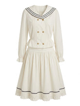 Load image into Gallery viewer, Vintage Sailor Collar Double-Breasted Blouse &amp; Pleated Midi Skirt Two-Piece Set