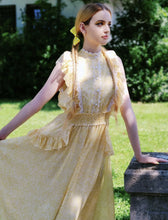 Load image into Gallery viewer, Yellow Floral Print Fuffles Vintage Princess Chiffon Maxi Dress