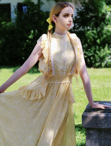 Yellow Floral Print Fuffles Vintage Princess Chiffon Maxi Dress