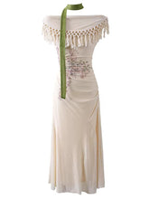 Load image into Gallery viewer, White Off Shoulder Bohemian Crochet  Fringe Mermaid Tail Maxi Dress