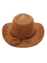 Load image into Gallery viewer, Western Cowboy Hat for Women – Faux Suede Fedora Hat with Braided Band and Gold Feather Accent, Tan Brown Outback Style Jazz Cap