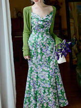 Load image into Gallery viewer, 2PS Green Floral Printed Spaghetti Straps Vintage Dress With Cardigan Suit