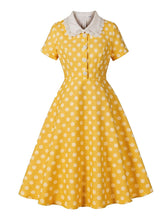 Load image into Gallery viewer, 1950s Purple Peter Pan Collar Polka Dots Swing Dress