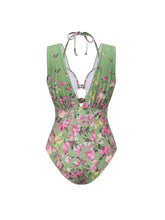 Load image into Gallery viewer, 3PS Sage Green Vintage Halter Cutout Pastel Flower Print Monokini and Flowy Beach Long Skirt Swimsuit Set