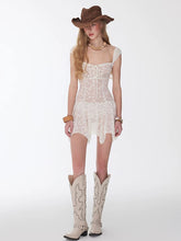 Load image into Gallery viewer, White Lace One Piece Swimdress Square Neck Skirted Swimsuit with Tie Front