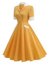 Load image into Gallery viewer, 1950s Vintage Notch Lapel Short Sleeve Polka Dot Swing Dress